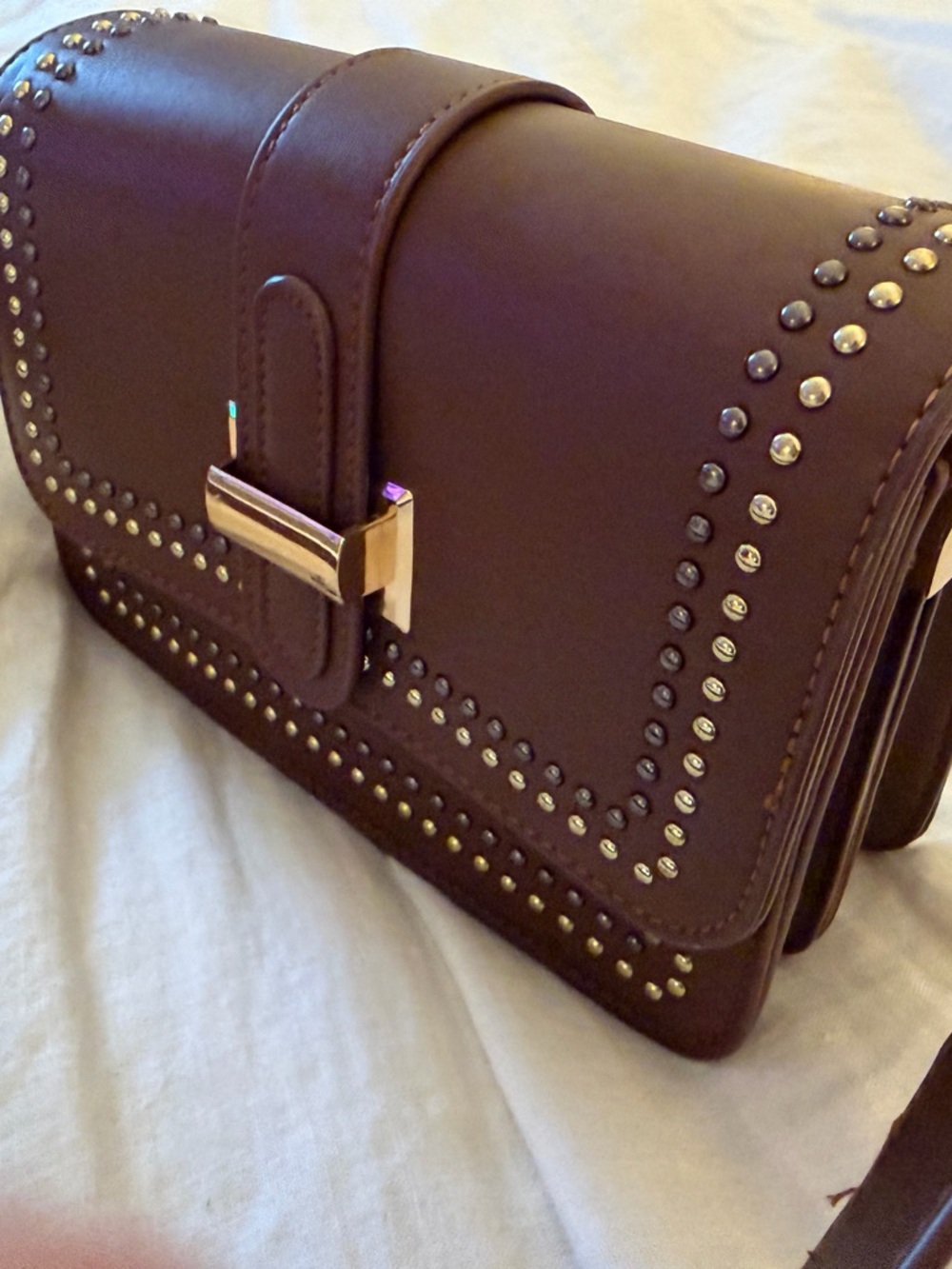 Studded Brown Faux Leather Crossbody Bag - Brand